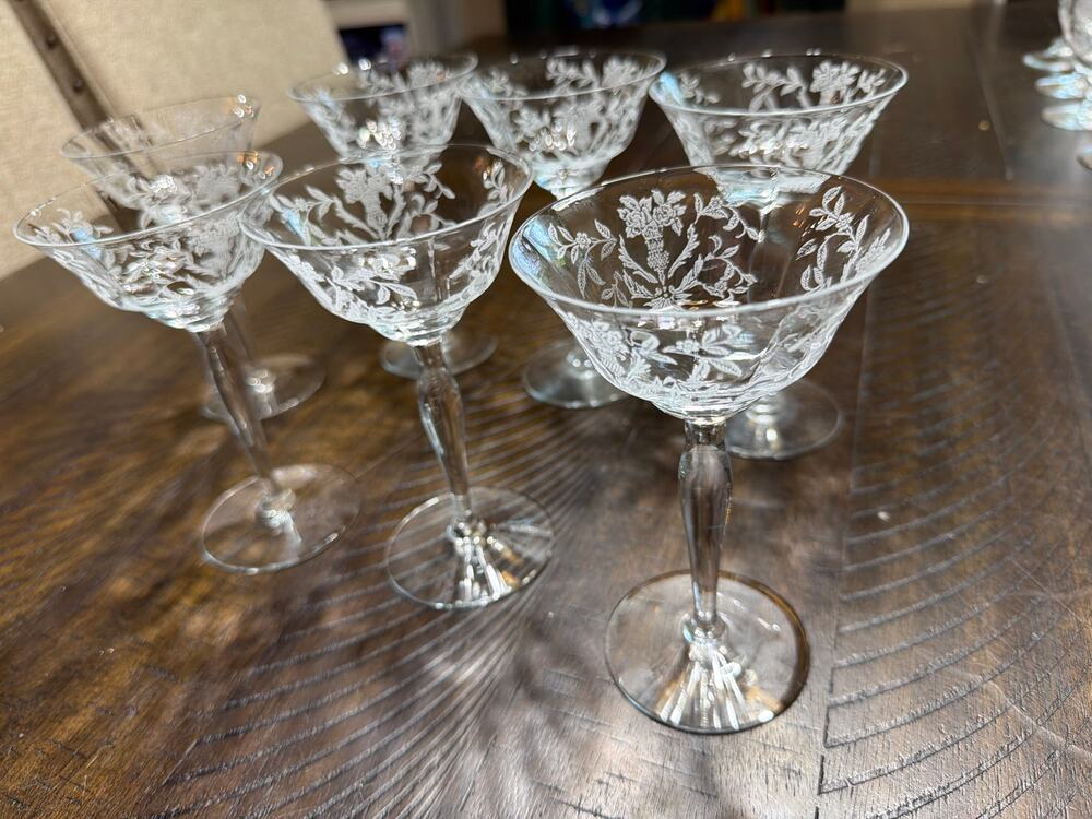 Vintage Etched Champagne Coupe Glasses Set of 7 Floral Wheat Stemware 5.75"